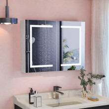 Armoire toilette miroir, Meuble de salle de bain avec miroir et éclairage, Étagère réglable, Porte double, 14 x 80 x 60 cm, Blanc