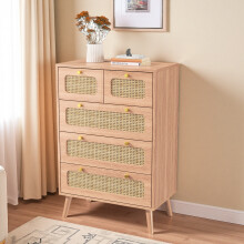 Commode 5 Tiroirs, Meubles de Rangement, Commode Rotin Tiroirs Meuble de Rangement avec Pieds en Bois, 60x34x91cm