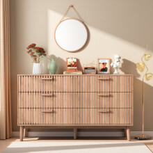 Commode Chambre, Commode en Bois et Rotin 6 Tiroirs, Meuble de Rangement Multifonction, Natural Wood Cabinet with Drawers