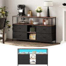 Meuble TV LED, meuble TV avec 4 tiroirs en tissu, meuble TV avec 2 compartiments ouverts, plaque couleur peau de tigre, noir, 137cm