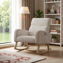Fauteuil à Bascule, Rocking Chair avec Autocollants antidérapants, Chaise à Bascule avec Dossier Haut, Peau d'agneau, Beige