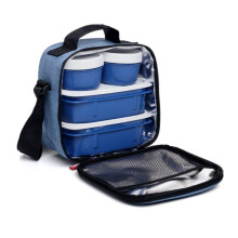 (Gray) 14L Insulated Lunch Bag with 4 Stainless Steel Containers, Denim Blue Picnic Cooler Tote for Outdoor Meals