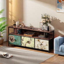 Meuble TV LED - Moderne - 3 tiroirs - Motif en Tissu Noir - Tablette de Rangement Multifonction - 108 x 57 x 30 - Multicolore