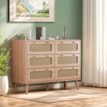 Commode 6 tiroirs, Commode en Rotin, Commode Chambre Cannage, Meuble de Rangement en Bois, Meuble en Rotin en Bois, 34x100x73cm