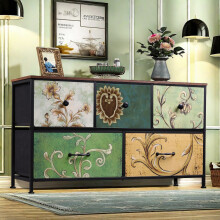 Commode 5 Tiroirs - Commode Chambre - Meuble de Rangement en Tissu - Bohème Meuble Tiroir - Tiroirs avec Manche et Pieds - Multicolore