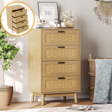Commode Cannage Chambre 4 Tiroirs, buffet avec façade en rotin en bois massif, Armoire de rangement moderne, Chêne, 55 x 40 x 95 cm