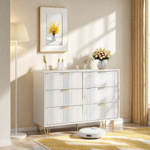 Commode avec 6 Tiroirs, Rangement Meuble Chambre Tiroirs, avec Pieds et Poignées en Métal Doré, Armoire à Tiroirs, Blanc