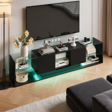 Meuble TV Moderne, Meuble TV Noir, Meuble TV Éclairage 24 LED RGB, Meuble Banc Télé avec 2 Tiroirs, Moderne, 200x35x45cm, Noir