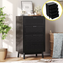 Commode en rotin avec 4 tiroirs, buffet avec façade en rotin en bois massif, Armoire de rangement moderne, Noir, 55 x 40 x 95 cm