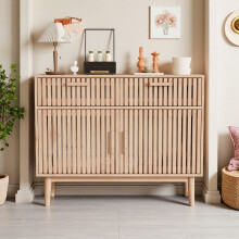 Meuble de Rangement en Rotin, Buffet Salle a Manger, Buffets Cuisine avec 2 Tiroirs et 2 Portes, Armoire de Rangement, 100x35x80cm