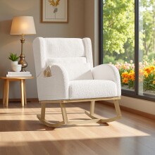 Fauteuil à Bascule, Chaise a Bascule, avec Dossier Haut Rembourré, Rocking Chair en Velours Teddy avec Pieds en Bois Massif, Blanc