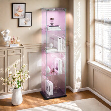 Vitrine en Verre avec LED, Armoires de Rangement en Verre, 5mm Verre trempé Transparent Armoir de Verres Debout, 4 étages, Noir
