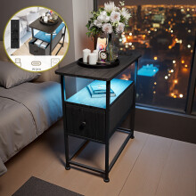 Table de chevet avec 1 tiroir en tissu et éclairage LED, Table de chevet avec station de charge, Table d'appoint avec étagère, Noir