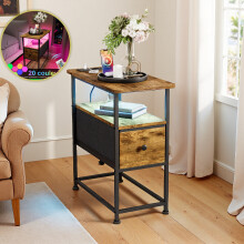 Table de chevet avec LED, Fonction de charge et tiroir, Table d'appoint avec étagère, Table de chevet pour chambre à coucher, Marron