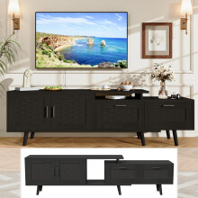 Meuble TV bas pour TV jusqu'Ă 75", Armoire TV extensible avec 2 tiroirs, 2 portes en rotin, 1 compartiments ouverts, 169x30x44, Noir