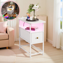 Table de chevet avec 1 tiroir en tissu et LED et USB, Table d'appoint avec étagère, Table de chevet pour chambre à coucher, Blanc