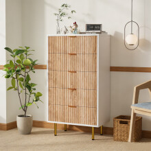 Commode 5 Tiroirs, Meuble Rangement Bois, Commode Moderne Chambre, Meuble Commode Salon, 60x34x109,8 cm, Couleur bois naturel