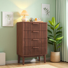 Commode Moderne, Commode en Bois et Rotin 4 Tiroirs, Commode avec poignée en Bois et Pieds de Support, Motif de Ligne, Marron