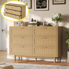 Commode à 6 Tiroirs, Buffet Polyvalent, Armoire de Rangement Chambre, Meuble de Rangement, Style Bohème, 115x40x80 cm, Chêne