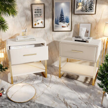 Lot de 2 Tables de chevet, éclairage LED, Table de Nuit en Velours Beige, 1 tiroir et compartiments ouverts, Pieds Métalliques Doré