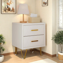 Table de Chevet avec 2 Tiroirs, Lot de 2 Table de Chevet Table d'Appoint avec Pieds et Poignées en Métal Doré, Beige