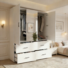 Armoire Chambre - Armoire 2 Portes et 4 tiroirs - Meuble de Rangement avec Miroir - Armoires de Rangement Transparente - Blanc