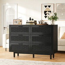 Commode à 6 Tiroirs, Armoire de Rangement Chambre, Buffet Polyvalent, Meuble de Rangement, Style Bohème, 115x40x80 cm, Noir