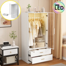 Armoire - Armoire moderne avec 2 portes en verre, 2 tiroirs et 1 tringle Ă vĂŞtements - Porte-manteau avec LED - Blanc