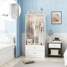 Armoire moderne, Armoire avec 2 portes en verre, 2 tiroirs et 1 tringle Ă vĂŞtements, porte-manteau avec LED, 80x50x175cm, Blanc