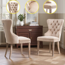 Ensemble de 2 Chaises de Salle à Manger en Velours, Piquetage à Boutons,Anneau décoratif de Pieds Courbés en Bois Massif, Beige