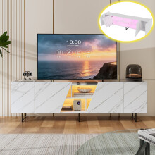 Meuble TV LED,  Meuble TV Blanc avec 4 Portes et 6 Compartiments, Armoire de Télévision Table Television Salon, Aspect Marbre