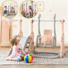 Toboggan pour Enfant 4 en 1 avec Panier de Basket, balançoire et Cadre d'escalade, Aire de Jeux intérieure et extérieure, Rose