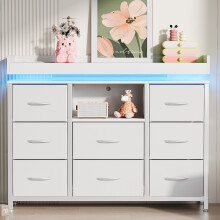 Commode 8 tiroirs avec LED, Armoire avec USB et Ports AC, Meuble de rangement multifonctionnelle pour chambre et salon, Blanc