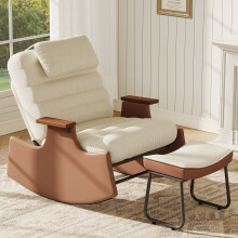 Fauteuil à bascule avec tabouret, fauteuil d'allaitement avec dossier réglable et coussin pour salon, chambre, Velours côtelé, Beige