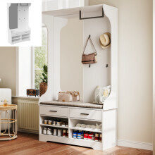 Meuble d’entrée vestiaire, Armoire à chaussures ouverte et miroir, 4 crochets, 1 tringle à vêtements, 2 tiroirs, 10435180cm, Blanc