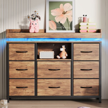 Commode 8 tiroirs avec LED, Armoire avec USB et Ports AC, Meuble de rangement multifonctionnelle pour chambre et salon, Marron
