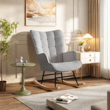 Fauteuil à Bascule, Rocking Chair en Velours Teddy, Chaise d'allaitement avec Coussin, Structure en Acier et Pieds en Bois, Gris