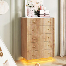 Commode à 5 Tiroirs, Meuble de Rangement Chambre avec LED, Dispositif Anti-Basculement, Armoire Adulte pour Entrée, Couloir, Bois