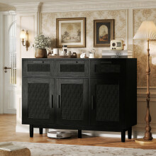 Commode en Rotin - Commode 3 tiroirs et 3 Porte - Meuble de Rangement Style Bohème - Buffet - Poignées en Métal - Noir