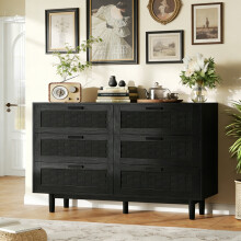 Commode à 6 Tiroirs, Buffet Polyvalent, Armoire de Rangement Chambre, Meuble de Rangement, Style Bohème, 115x40x80 cm, Noir