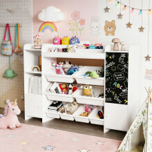 Bibliothèque Enfant, Étagère pour Enfant, Meuble Rangement, Étagère pour enfant avec 8 boîte de rangement et planche à dessin, Blanc