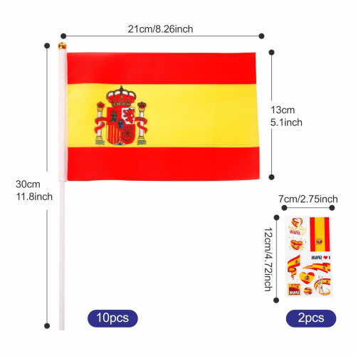 10pcs Mini Spain Flags on Sticks & 2pcs Tattoos, Small Spainish Flag 1