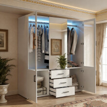 Armoire Chambre LED - Armoire 4 Portes et 3 tiroirs - Meuble de Rangement avec Miroir - Armoires de Rangement Transparente - Blanc