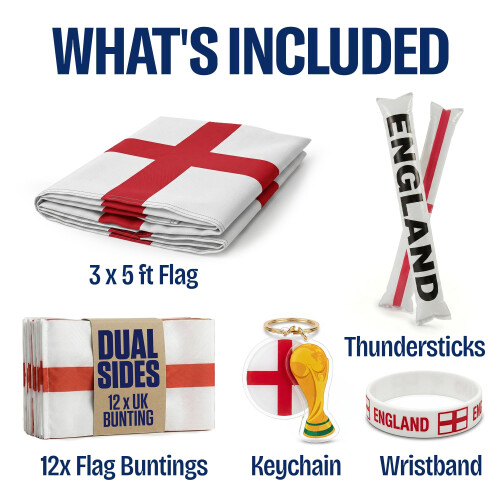 2026 World Cup Supporter Set – 3x5ft England Flag, Bunting, 1