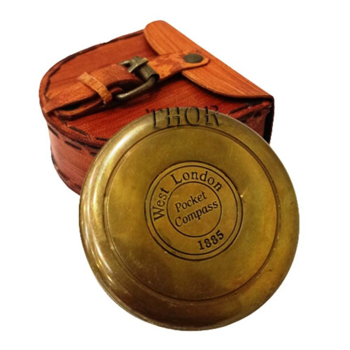 Authentic Vintage Style Brass Pocket Compass with Leather Case Rustic 1