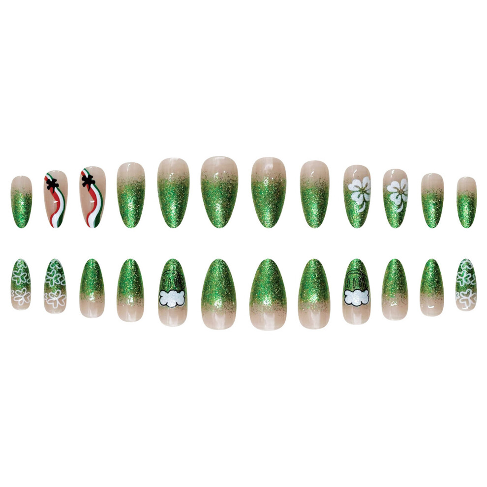 24Pcs Quick Apply Multiple Size Green Sparkles Shamrock Fake Nail Rainbows
