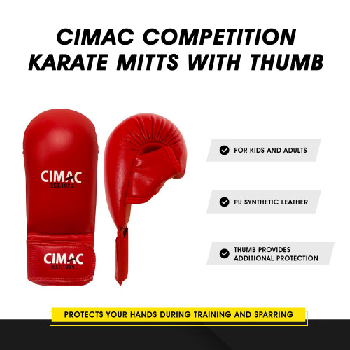 CIMAC Competition Karate Mitts with Thumb - Senior, Red - Protects 1