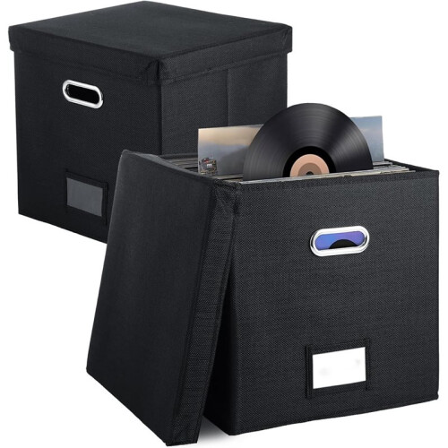 2 Pack Vinyl Record Storage Box, Record Holder Box Holds  50+ Single Record, LP Storage Organizer Crate with Lid