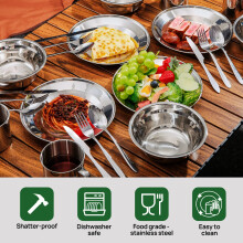 Odoland Camping Cutlery Set - Stainless Steel Tableware Mess Kit Plate Cup Fork Spoon, 7 in 1 Flatware Kit with Mesh Bag - Dinnerware Utensils Set fo