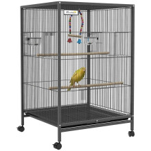 Vogelkäfig aus Stahl und Polypropylen mit 5 Türen, 2 Sitzstangen und herausnehmbarer Schale, 48 x 46 x 78 cm, Grau